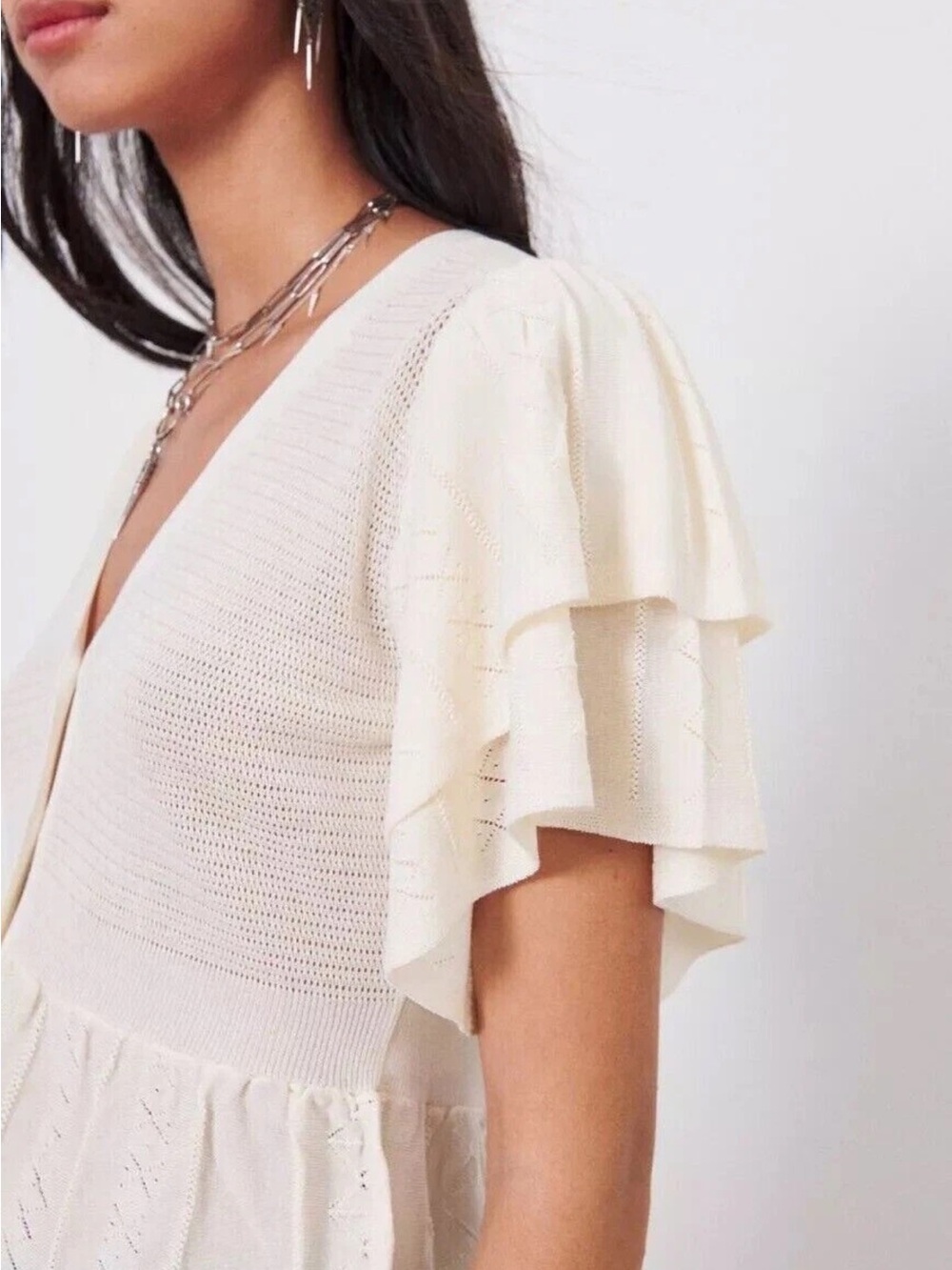 ba&sh Cream Ruffle-Sleeve Button Front Peplum Top - Picture 9 of 9